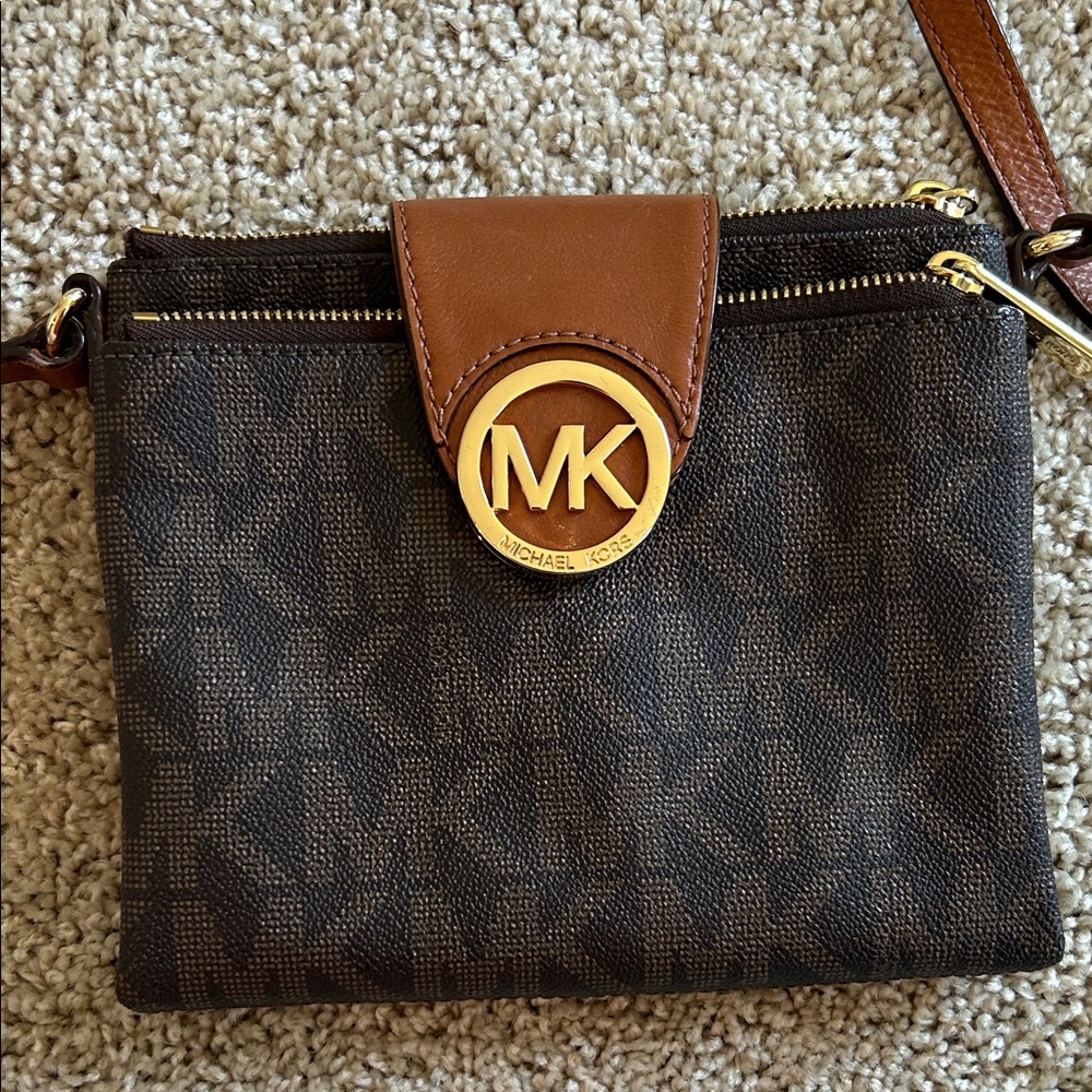 Michael Kors Brown Logo Canvas Crossbody with Gold Hardware